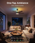 Ceiling Fan With Lights And Remote, 52 Inch Low Profile Black, RGBIC Smart Lighting, in modern living room setting.