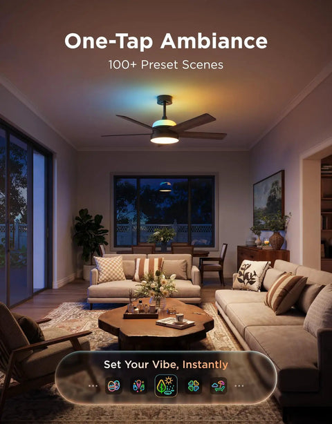 Ceiling Fan With Lights And Remote, 52 Inch Low Profile Black, RGBIC Smart Lighting, in modern living room setting.