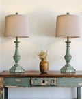 Three Way Dimmable Touch Table Lamps Set Of Two With USB Ports For Quick Phone Charging Ideal For Bedroom Nightstand Or Living Room Rustic Green Finish And Modern Look displayed on table