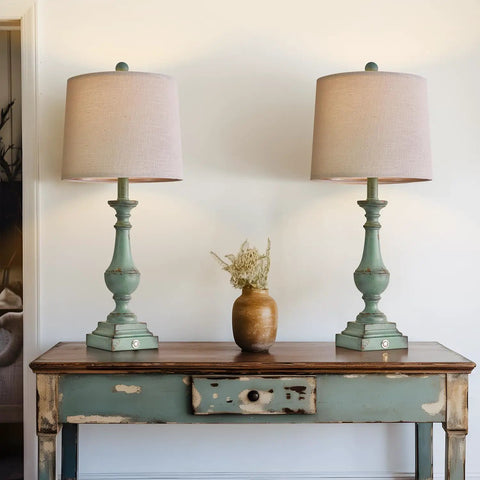 Three Way Dimmable Touch Table Lamps Set Of Two With USB Ports For Quick Phone Charging Ideal For Bedroom Nightstand Or Living Room Rustic Green Finish And Modern Look displayed on table