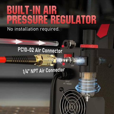 Built-in air pressure regulator for Plasma Cutter With Non High Frequency Non Touch Pilot Arc 55 Amp Dual Voltage 110 And 220V Large Digital Display Safe Blowback Start Built For DIY Hobbyists Garage And Shop Projects Smooth Reliable Cuts.