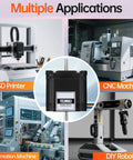 YEJMKJ dual-shaft Nema 23 stepper motor with cable; shown with 3D printer, CNC machine, automation, and robot.