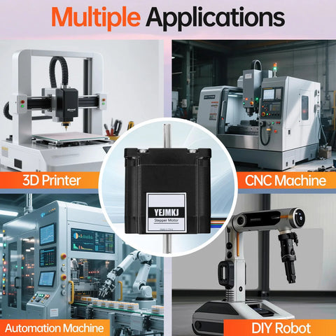 YEJMKJ dual-shaft Nema 23 stepper motor with cable; shown with 3D printer, CNC machine, automation, and robot.