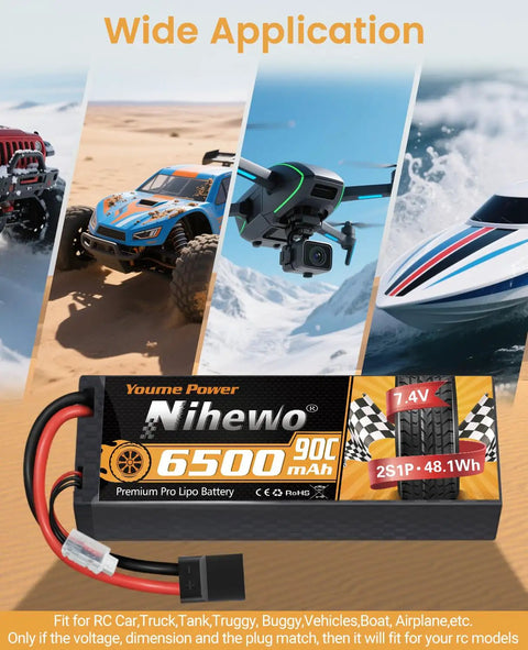 Beefy Two Pack 2S 7.4V 6500mAh 90C LiPo Battery With Hard Case And TR EC5 Plug for RC cars, trucks, boats, planes, and models.