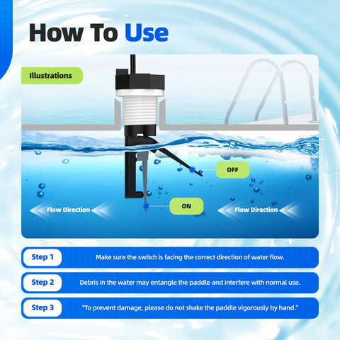 Flow Switch GLX-FLO-RP For Hayward Goldline Aquarite Salt System Pool Flow Sensor With Tee And 15ft Cable Aqua Rite Compatible Salt Cell Assembly For Easy DIY Pool Upgrades. flow switch diagram showing correct water flow direction and paddle on/off positions