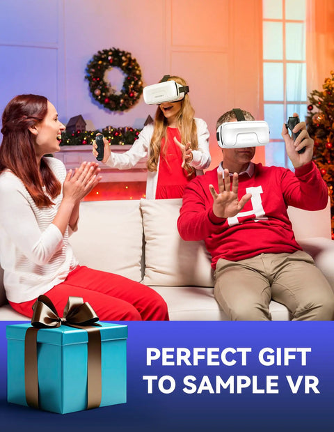 Hit Different 3D VR Headset With Insane Bluetooth Controller being used by a family in festive setting, showcasing joyful gaming experience.