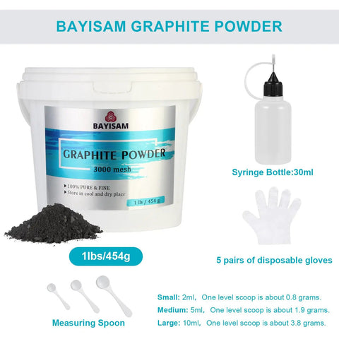 Ultra Fine Graphite Powder 3000 Mesh Dry Lubricant kit with syringe bottle, measuring spoon, and gloves; for precision applications.