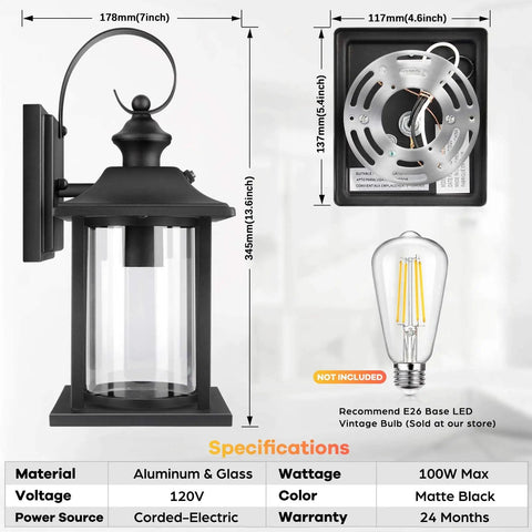 Two Pack Dusk To Dawn Outdoor Wall Lanterns In Black Matte Aluminum Waterproof Porch Light With E26 Base Socket Clear Glass Cylinder Wall Sconces For Doorways Sensor Activated Auto On At Dusk Off At Dawn No Brainer Home Upgrade showing dimensions and materials