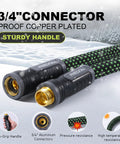 Relxitl garden hose with green braided exterior and pair of 3/4-inch aluminum connectors; close-up view