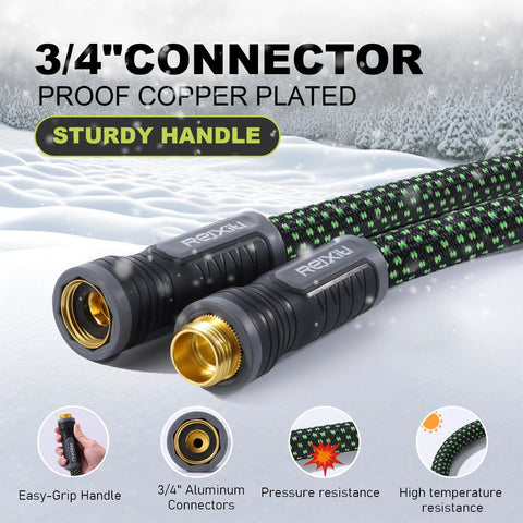 Relxitl garden hose with green braided exterior and pair of 3/4-inch aluminum connectors; close-up view