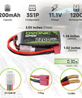 3S 11.1V 2200mAh RC LiPo Battery Pack 120C With Dean T Plug Dual Pack for RC vehicles, detailed view with specifications