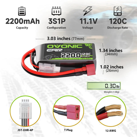 3S 11.1V 2200mAh RC LiPo Battery Pack 120C With Dean T Plug Dual Pack for RC vehicles, detailed view with specifications