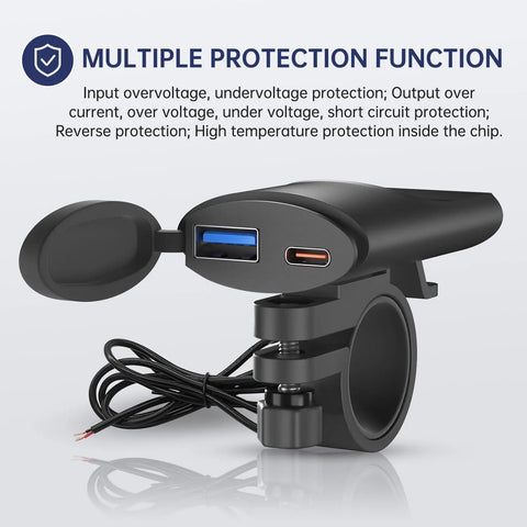 Drop It On Any Handlebar Mount Motorcycle USB Charger With 30W PD Dual Port Quick Charge, showcasing dual USB ports and mounting brackets.