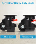 Top Shelf Leveling Casters Set Of 4 Beast Mode Ratchet Arm Base With 3300 Lbs Capacity 360 Degree Smooth Swivel Wheels for heavy loads, showing fixed and moving positions.