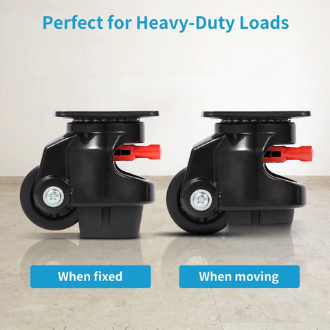 Top Shelf Leveling Casters Set Of 4 Beast Mode Ratchet Arm Base With 3300 Lbs Capacity 360 Degree Smooth Swivel Wheels for heavy loads, showing fixed and moving positions.