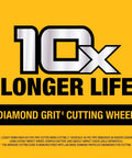 Front view graphic on yellow background advertising a diamond grit cutting wheel with 100X longer life text
