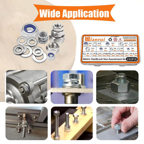 252 Piece Hex Nut and Lock Nut Set With Flat Washers in 304 Stainless Steel M3 to M12 for DIY, auto repair, home use displayed.