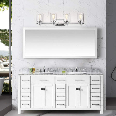 Chrome Farmhouse 4 Light Gooseneck Vanity Light above marble sink and white cabinet in modern bathroom.