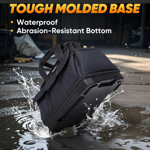 Heavy Duty Tool Bag Packed With Multiple Pockets And Portable Organizer For Tools, Adjustable Shoulder Strap, Ergonomic Handle, Black 16 Inch Molded Base, Grab And Go For Any Job Site, waterproof base in water.