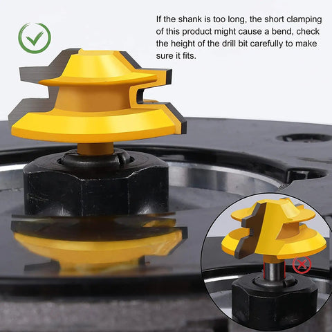 Built Tough 45 Degree Lock Miter Router Bit Set Three Piece Kit with yellow carbide cutter on router table.