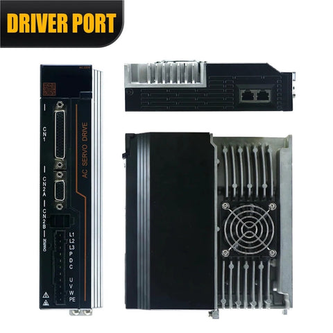 Three-piece AC servo drive and motor kit; front drive module with RS485 port, side heatsink, fan-equipped motor.
