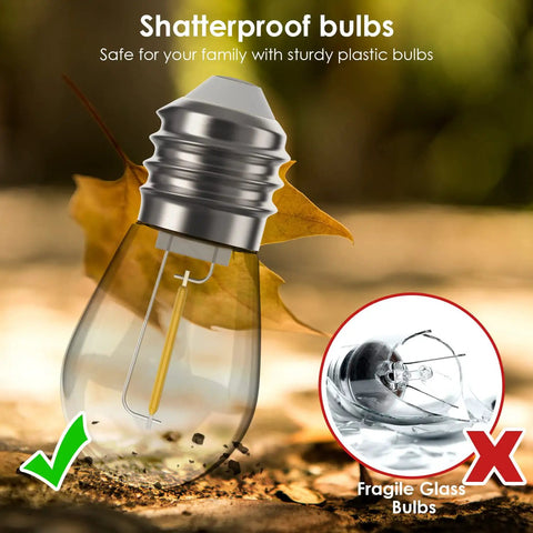 Close-up of shatterproof bulb from 48 Ft Outdoor String Lights With 15 Warm White LED Bulbs, showing rugged plastic design.