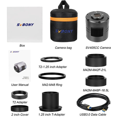 Cooled Telescope Camera With 11.7 MP USB 3.0 IMX294 Back Illuminated Sensor kit with accessories including adapters and cables.