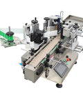 Fully Automatic Round Bottle Labeling Machine With Smooth Operator Touch Interface And Reliable Auto Correction Delivers No Sweat Plug And Play Production At 20 To 30 Pieces Per Minute For Pro Shops. Machine viewed from top angle showing label application components.