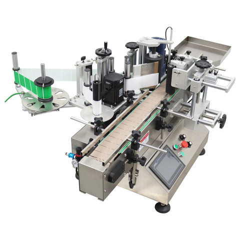 Fully Automatic Round Bottle Labeling Machine With Smooth Operator Touch Interface And Reliable Auto Correction Delivers No Sweat Plug And Play Production At 20 To 30 Pieces Per Minute For Pro Shops. Machine viewed from top angle showing label application components.