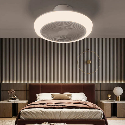 Bedroom with Low Profile Ceiling Fan With Light Enclosed Flush Mount Bladeless Smart Ceiling Fan, dimmable LED lighting, modern design.