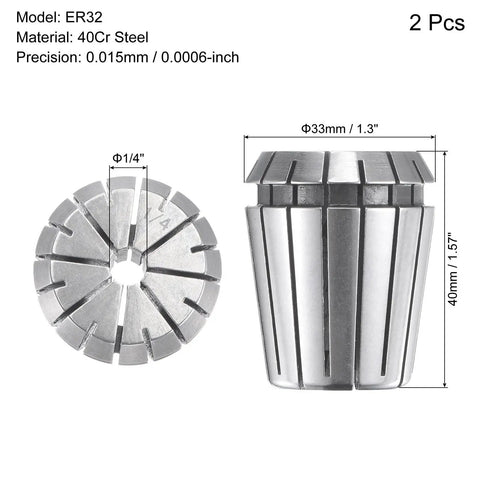 ER32 Spring Collet One Quarter Inch Chuck for CNC Engraving Machines Milling Lathes Tooling Workhorse 2 Pack Heavy Duty Steel Precision Fit High Speed Machining, showing precise dimensions and construction.
