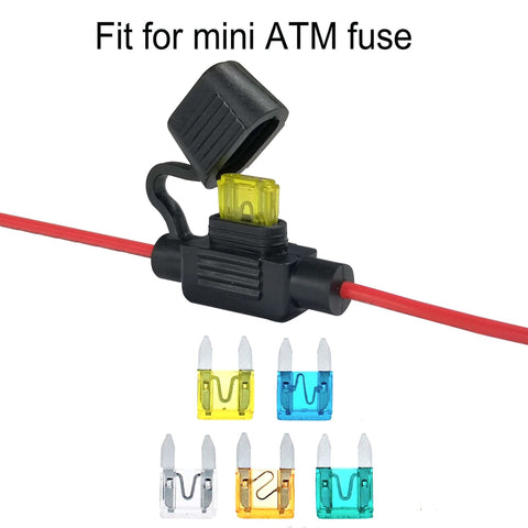 Waterproof Mini Inline Fuse Holder With 18 Gauge Wire 12 Inches Long IP65 Dust And Moisture Protection Road Trip Ready For Small Blade Fuses In Cars Boats RVs Tractors 5 Pack Fuses Not Included, showing open fuse holder with mini blade fuse inserted