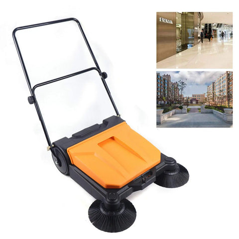 26 8 Inch Manual Walk Behind Floor Sweeper With 4 Gallon Waste Bin Built Like A Tank For Warehouse Garage Driveway Straight Up Heavy Duty Efficiency And Zero Fuss Cleaning, shown from the front angle.