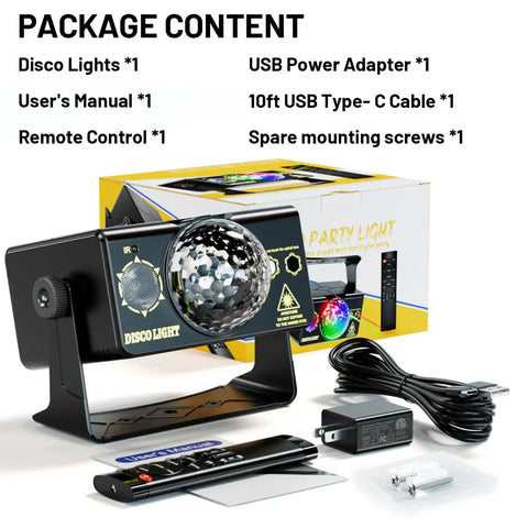 Lit Party DJ Disco Light With Disco Ball, LED Stage Strobe Projector, packaging contents including accessories and manual