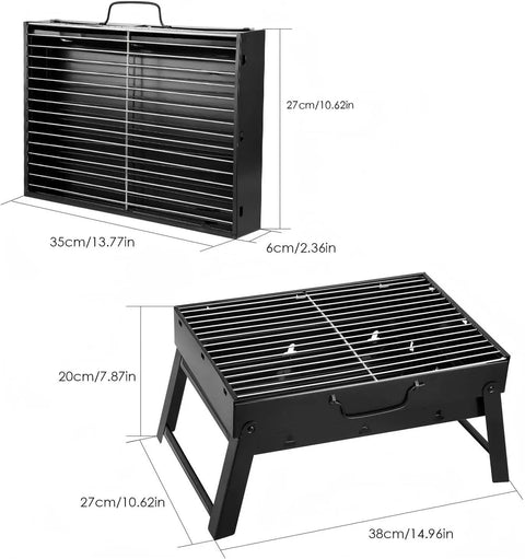 Portable Folding Charcoal Grill For Outdoor BBQ On The Go Stainless Steel Tabletop Smoker unfolded and folded with dimensions.