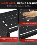 Close-up of a 36 By 18 Inch Welding Table With 0.63 Inch Fixture Holes, non slip foot pads, carbon steel frame, rock solid stability.