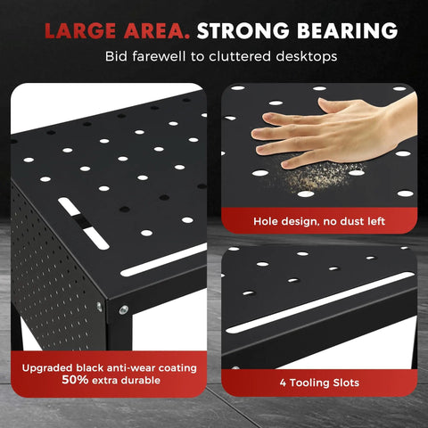 Close-up of a 36 By 18 Inch Welding Table With 0.63 Inch Fixture Holes, non slip foot pads, carbon steel frame, rock solid stability.