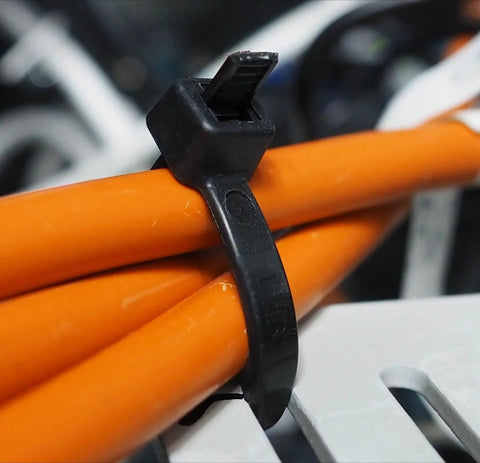 Beefy 24 Inch Cable Ties Pack Of 50 With 200 Lbs Tensile Strength, UV resistant black nylon zip tie securing orange cables