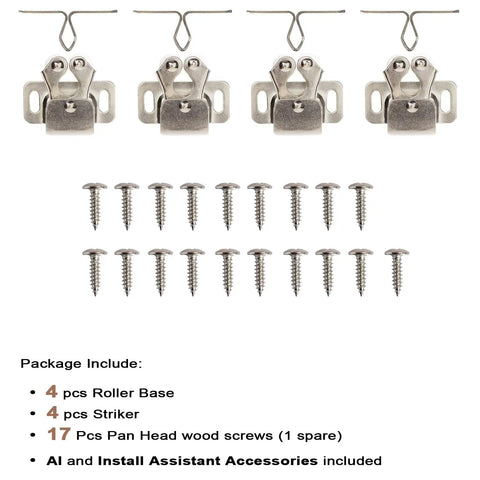 No Sweat Install Cabinet Door Catches, Double Roller Catch Latches, 4 pack with mounting screws and strikers included.