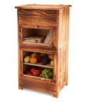 Two In One Wooden Potato And Onion Storage Bin With Lid And Mesh Doors Stackable Bread And Vegetable Cabinet For Kitchen Space Saving Rustic Pantry Organizer For Potatoes Onions Fruit And More, shown with fruit and bread inside.