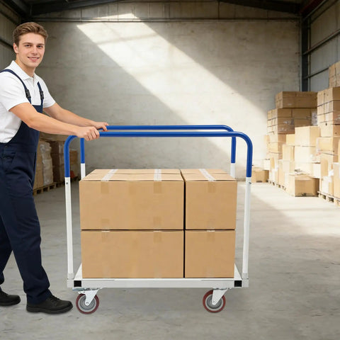 Heavy Duty Panel Cart Dolly 1500 Lbs Capacity With Detachable Steel Frame For Warehouse Use Pro Grade Industrial Moving Smooth Castors With Brakes For Stable Easy Load And Transport, blue cart with boxes