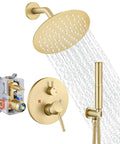 Heavy Duty Brushed Gold Shower Faucet Set Featuring Eight Inch Overhead Rainfall Head With Strong Pressurized Flow and Fully Rotatable Angle.