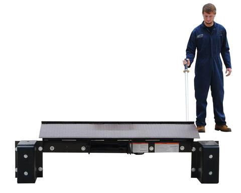 Heavy Duty Steel Mechanical Dock Leveler Equipped With A Beefy 66 Inch Ramp Width And Rock Solid 25000 Lb Load Rating features worker using it.