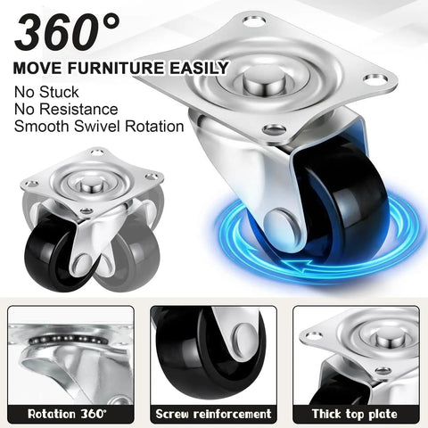Heavy Duty 24 Piece One Inch Swivel Caster Wheels With 360 Degree Rotation For Office Furniture And Storage Carts close-up of wheel with black polypropylene roller and metal top plate