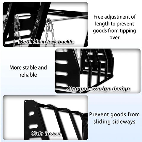 Heavy Duty Vertical Parts Storage Rack For Pipes And Lumber Hella Sturdy showing metal chain lock buckle and stepped-wedge design.