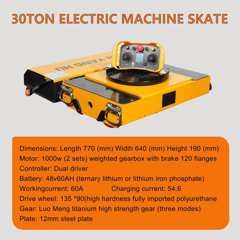 Massive 30 Ton Electric Heavy Duty Machine Mover Skate Kit With Smart Wireless Remote Control, Lithium Battery Powered Industrial Dolly for moving machinery.