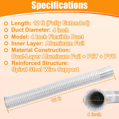 12 Ft Flexible Aluminum Dryer Duct With Clamps 4 Inch Vent Hose For Indoor And Outdoor Ventilation Insulated Air Ducting Tube For Dryer Easy Install HVAC And Exhaust Use Silver. Specifications and measurements displayed with duct image.