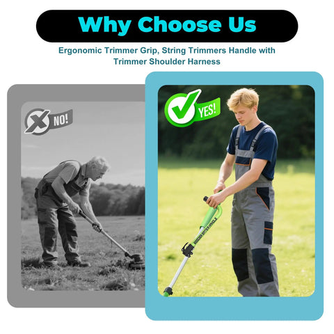 Man using ergonomic weed eater handle with grip extension for back support and enhanced leverage trimmer handle with gloves