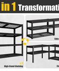 Beefed Up Heavy Duty Garage Shelving System With Four Tier Storage Shelves 2200 Lbs Capacity 40 Inch Wide By 20 Inch Deep By 60 Inch High Industrial Metal Garage Organizer shown in 3 setups