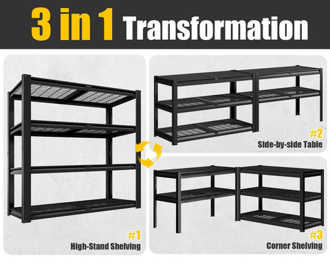 Beefed Up Heavy Duty Garage Shelving System With Four Tier Storage Shelves 2200 Lbs Capacity 40 Inch Wide By 20 Inch Deep By 60 Inch High Industrial Metal Garage Organizer shown in 3 setups